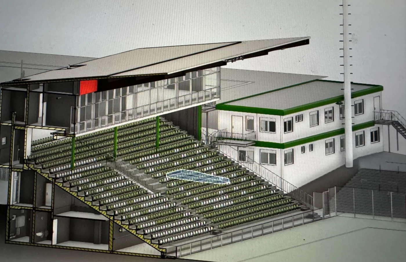 Maquette BIM de la tribune du VfB Lübeck avec rangées de sièges, toiture et locaux attenants
